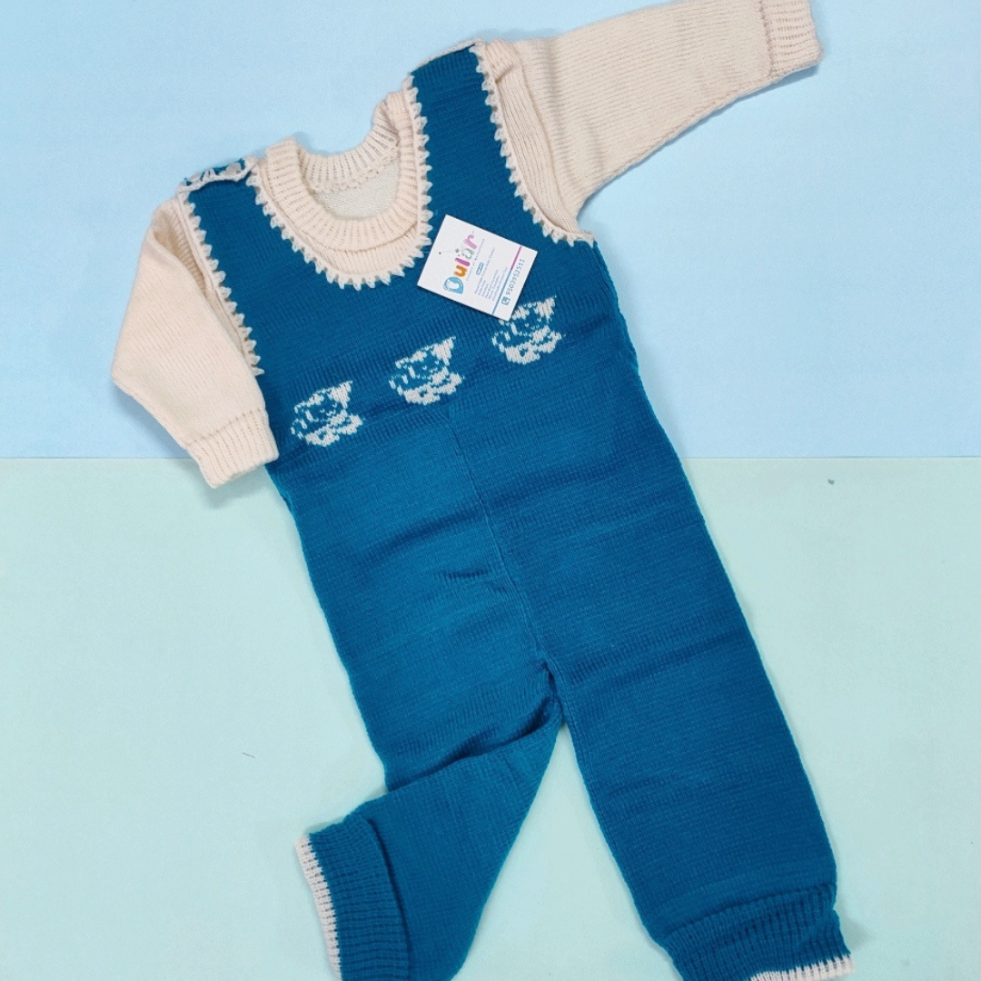 Woolen Romper - Peacock Blue with Walking Cat
