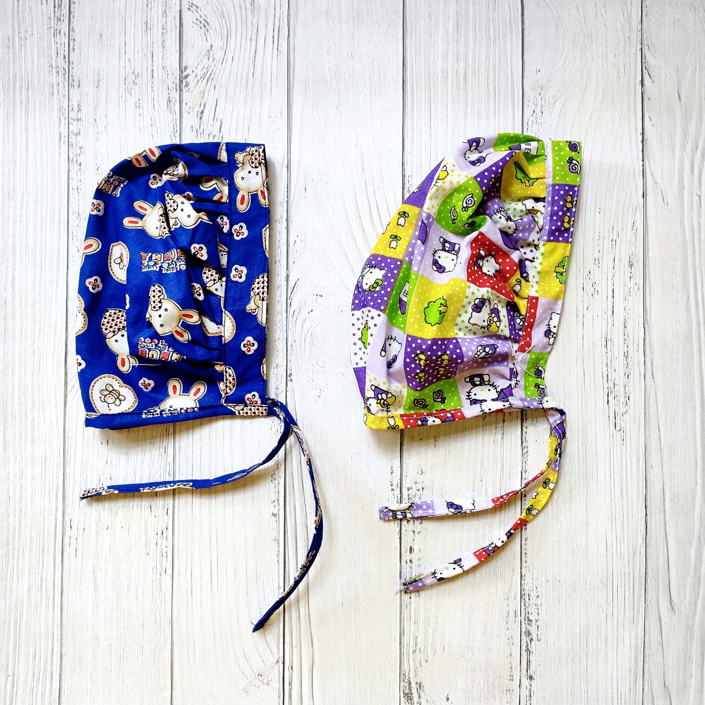 Cotton Bonnet Cap Blue bunny & purple kitty (Pack of 2)