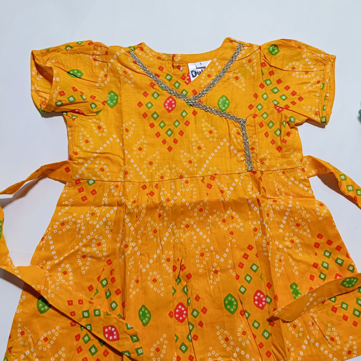 Cotton Printed Baby Girl Dress | Yellow | Bandhani