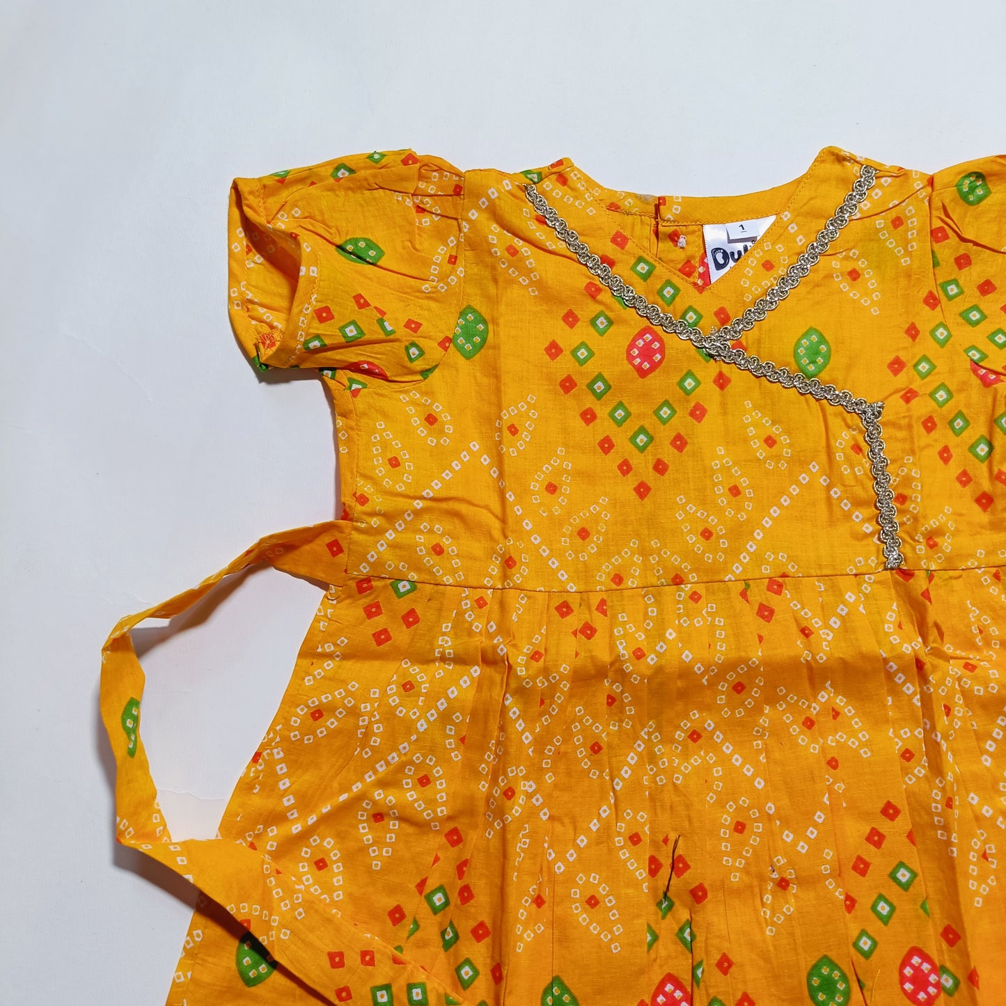 Cotton Printed Baby Girl Dress | Yellow | Bandhani