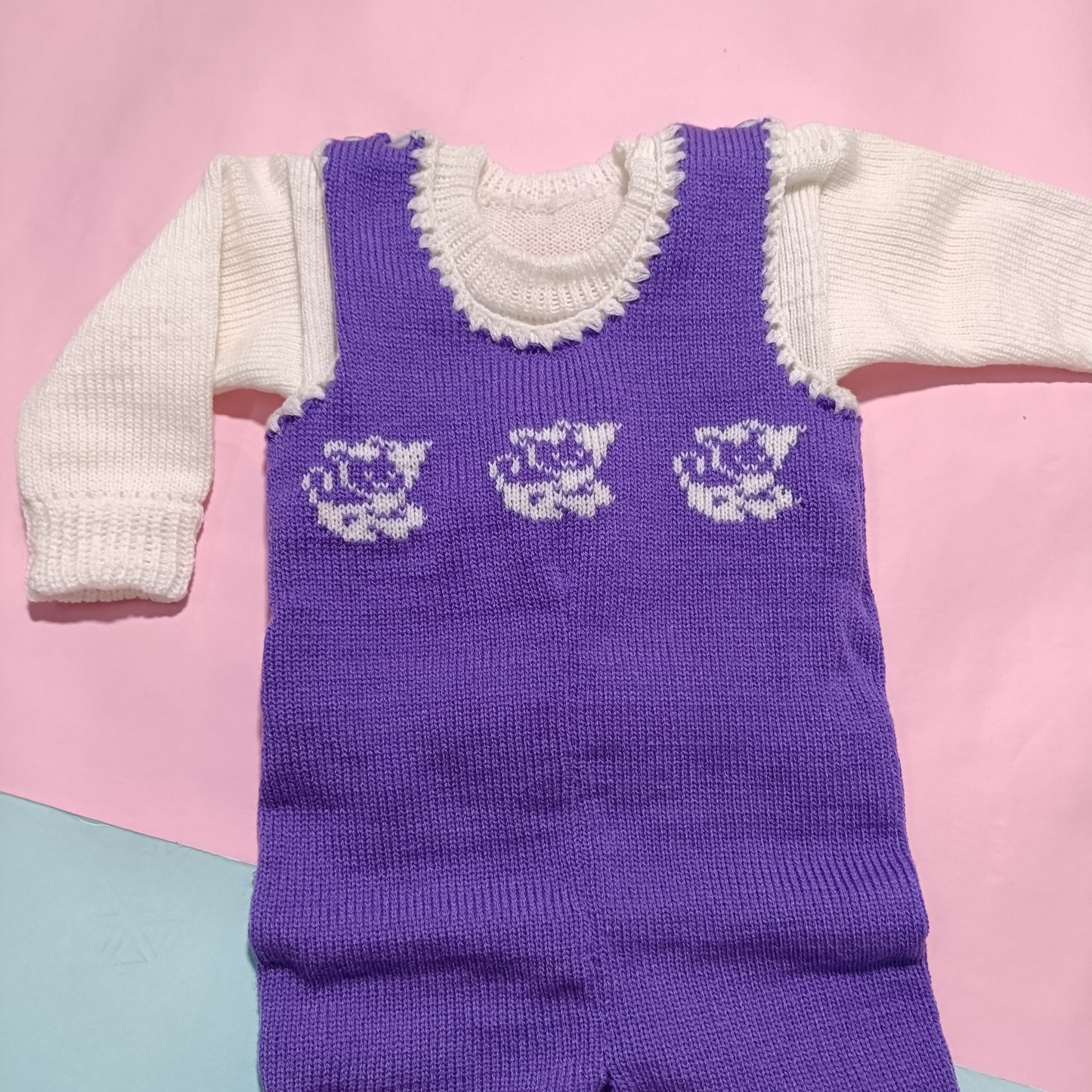 Baby Sweater | Woolen Romper | Lavender with walking cat