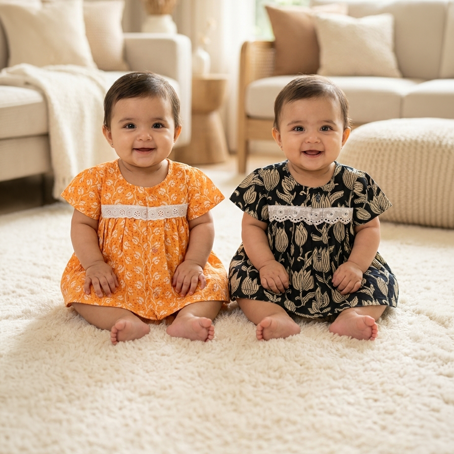 Baby Girl Jhabla | Floral, Blue Lotus | Pack of 2