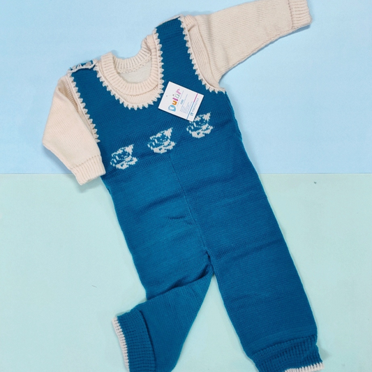Woolen Romper - Peacock Blue with Walking Cat