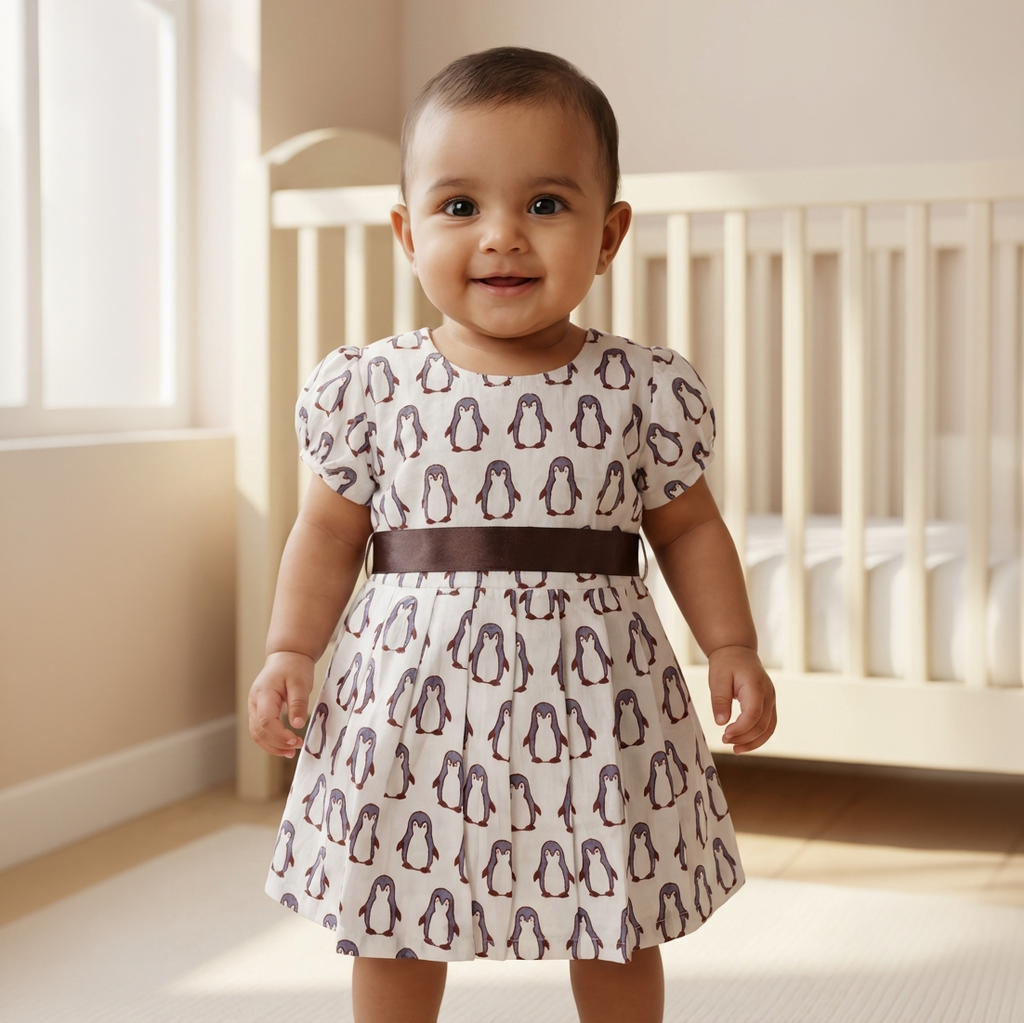 Cotton Printed Baby Girl Dress |Grey| Penguine