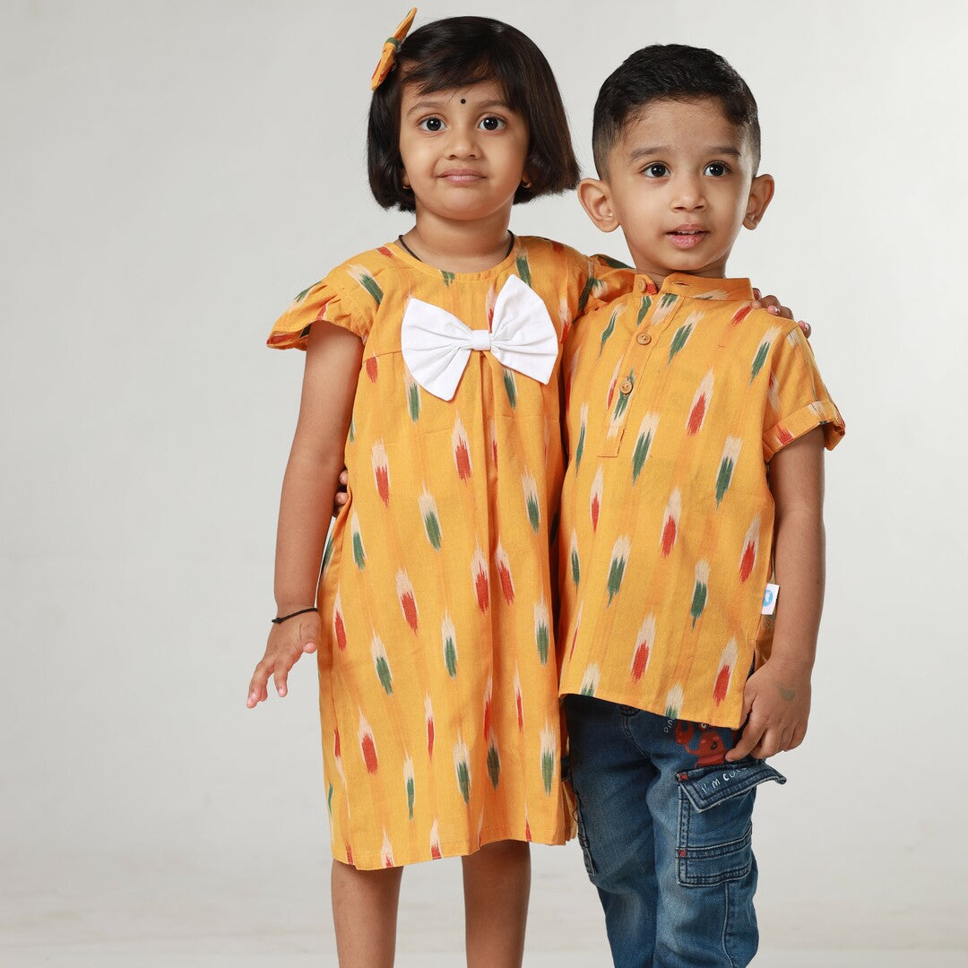 Ikkat Cotton Sibling Set - Yellow