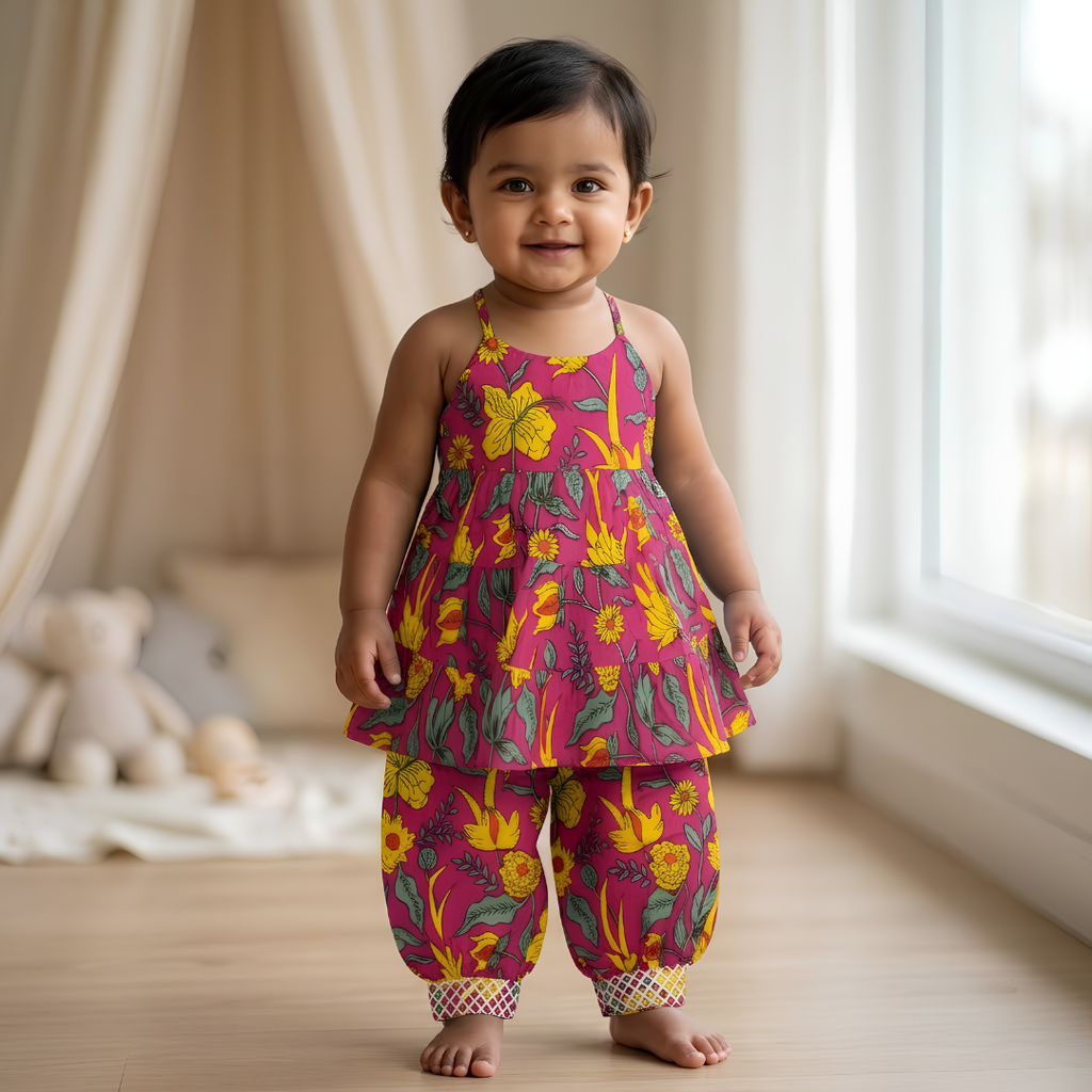 Dhoti Set for Girls | Pink Flower