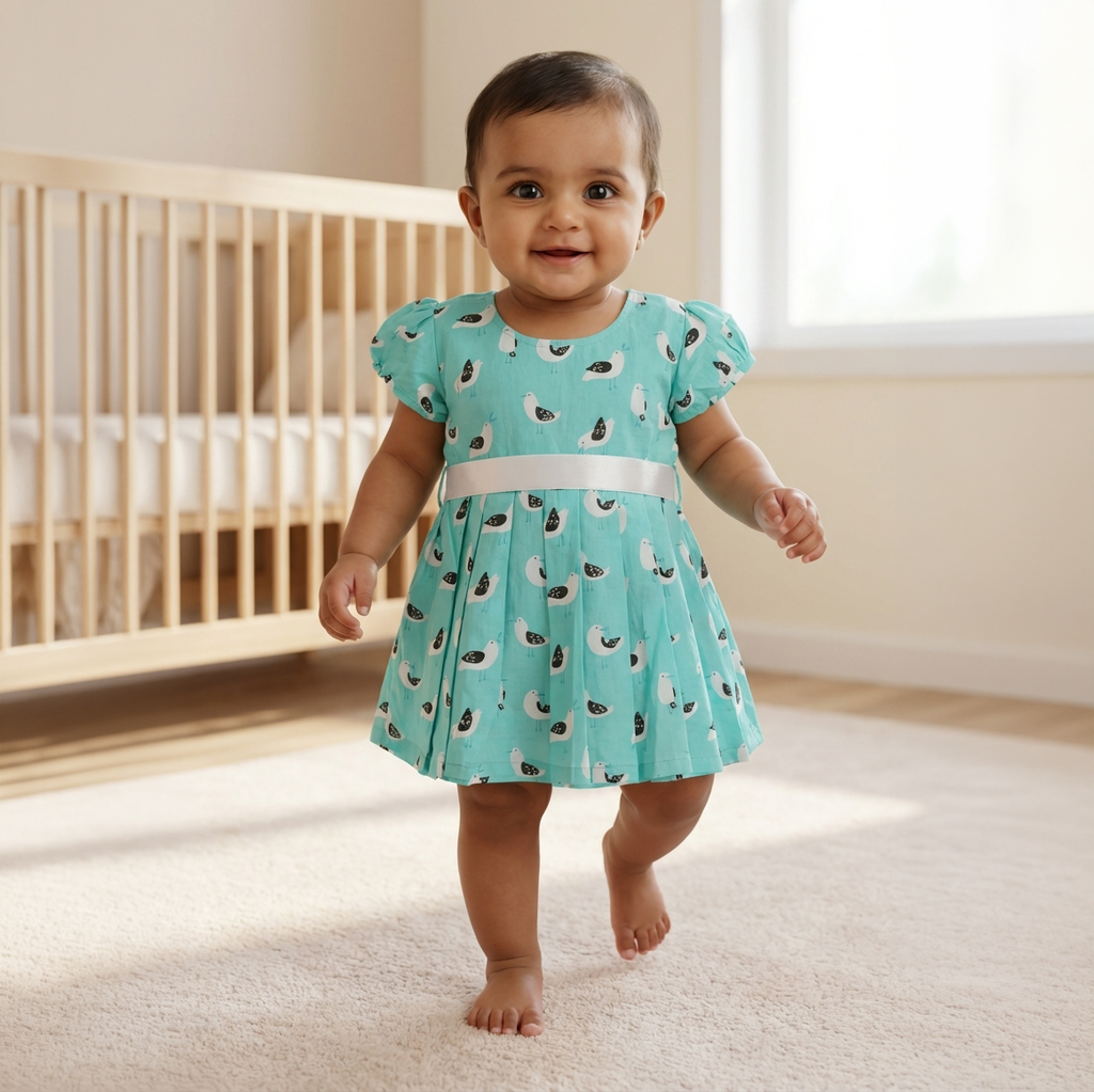Cotton Printed Baby Girl Dress |Mint | Sparrow