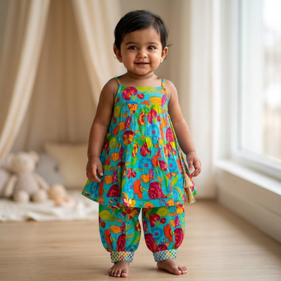 Dhoti Set for Girls | Blue Flower