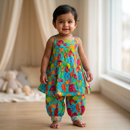 Dhoti Set for Girls | Blue Flower