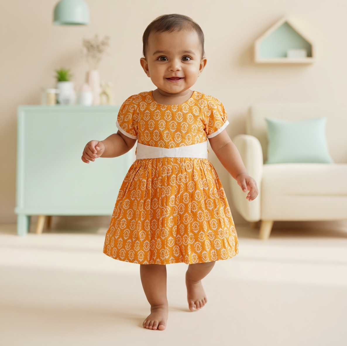 Cotton Printed Baby Girl Dress | Mustard | Lotus