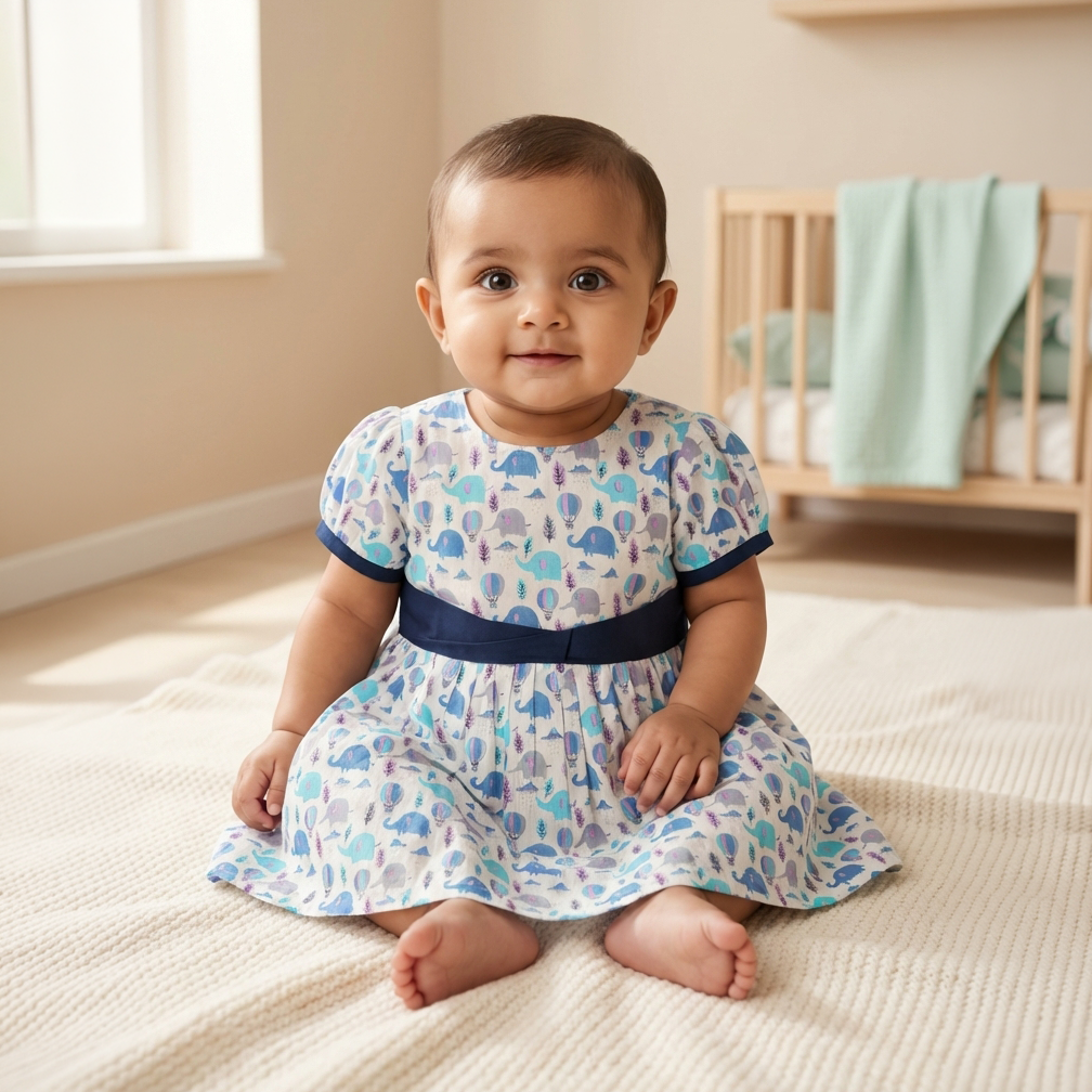 Cotton Printed Baby Girl Dress | Blue | Elephant