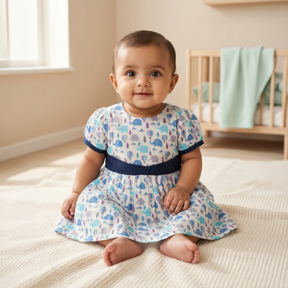 Cotton Printed Baby Girl Dress | Blue | Elephant