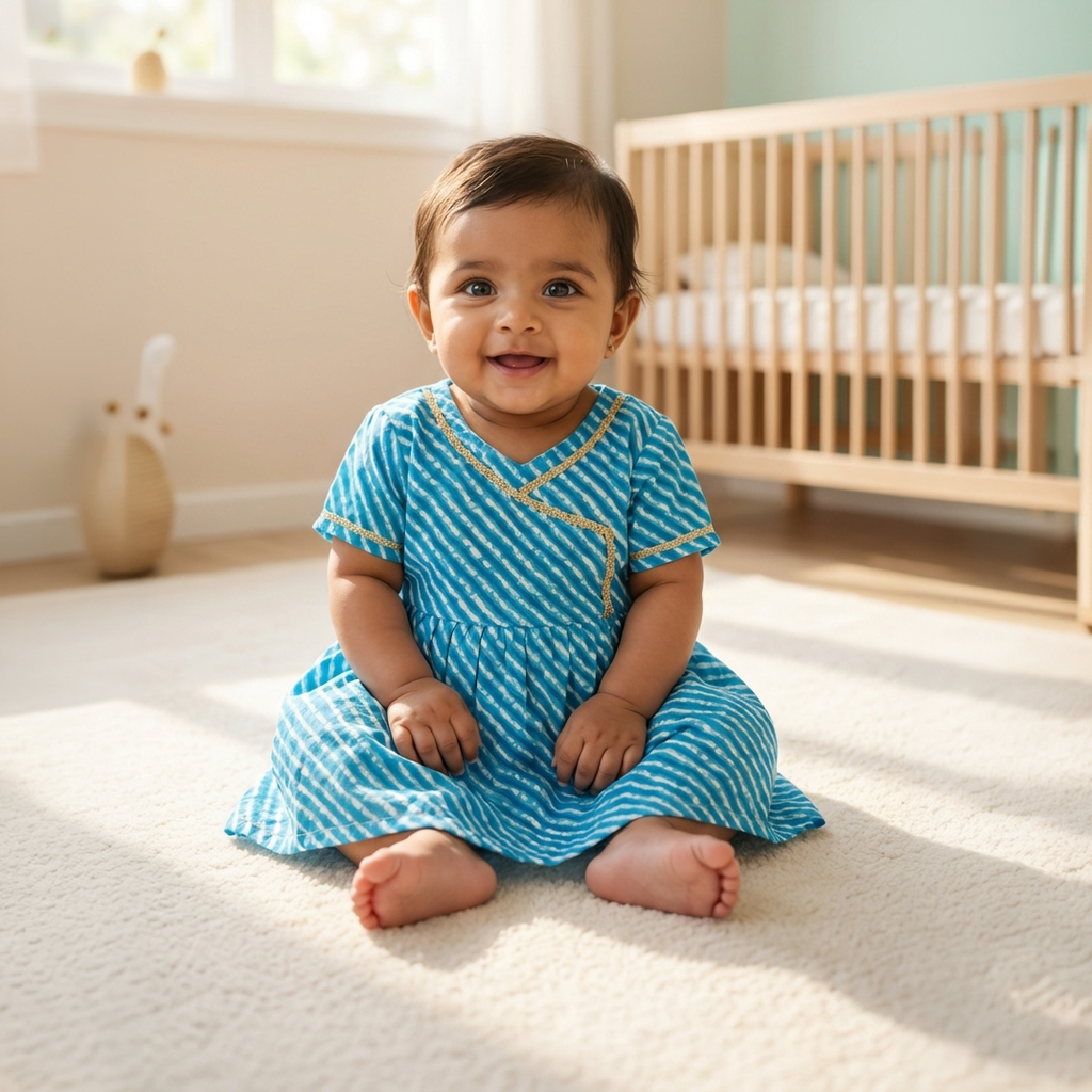 Cotton Printed Baby Girl Dress | Blue | Lehriya