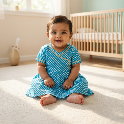 Cotton Printed Baby Girl Dress | Blue | Lehriya