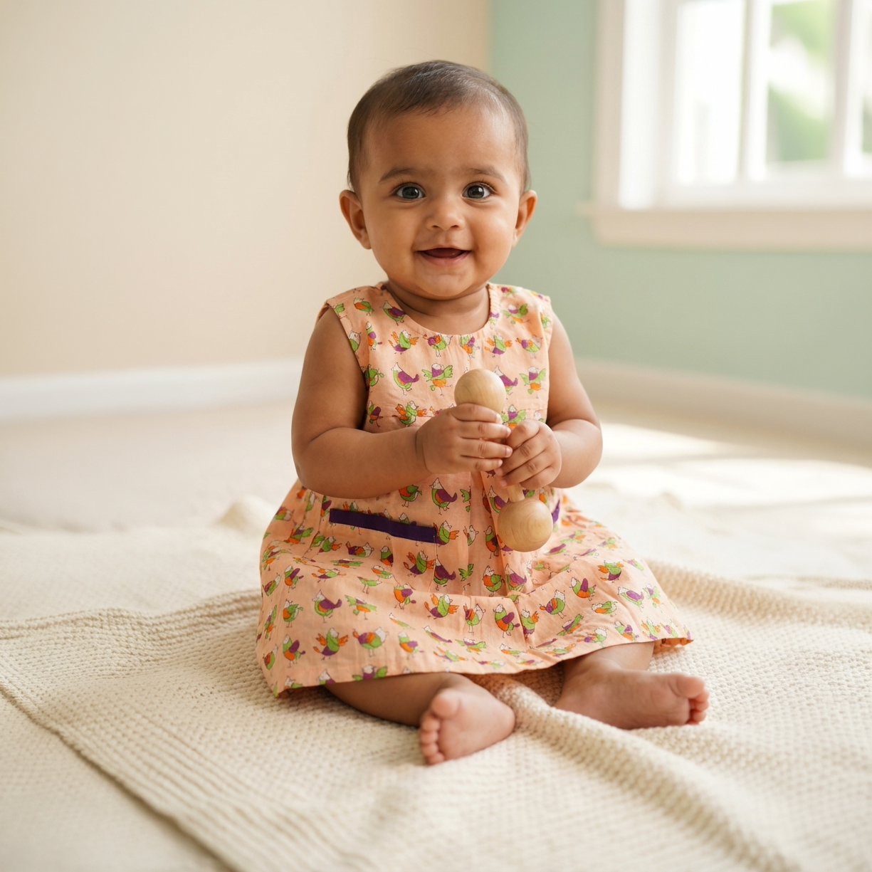 Cotton Printed Baby Girl Dress | Peach | Sparrow