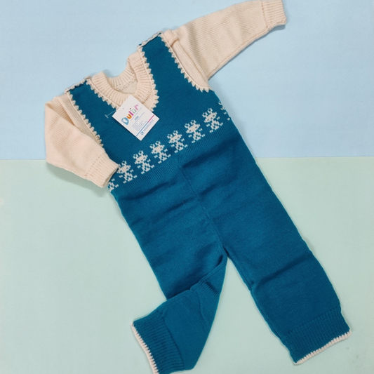 Woolen Romper - Peacock Blue with Sitting Cat