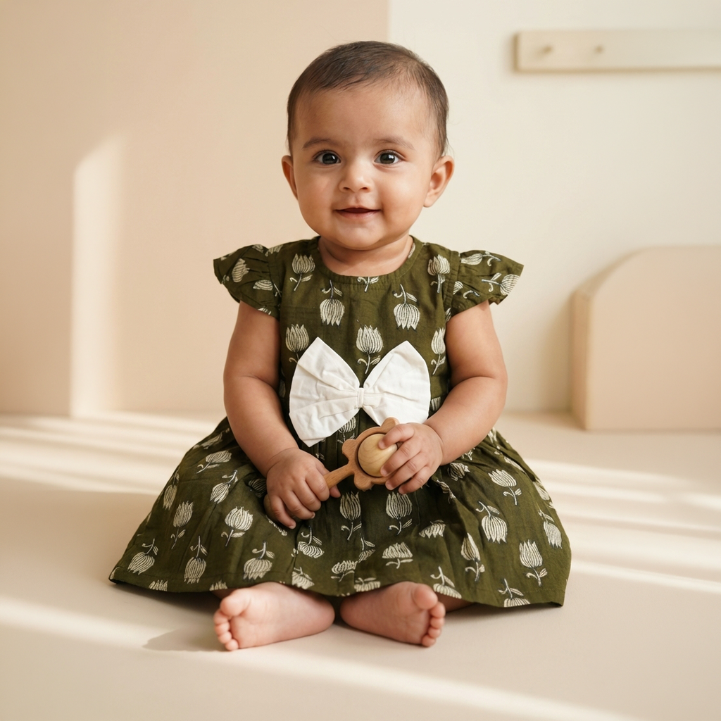 Cotton Printed Baby Girl Dress | Olive | Lotus