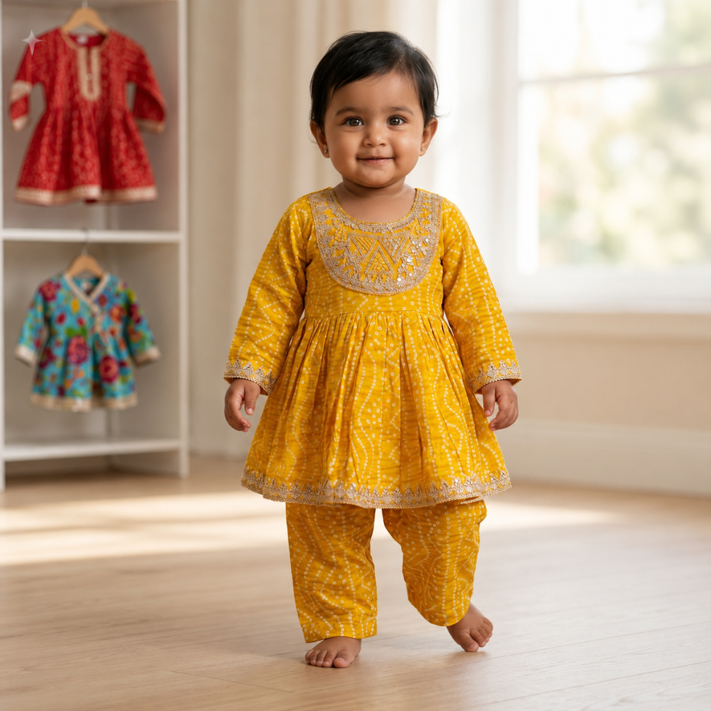 Kurta Set for Girls | Mustard | Bandhani