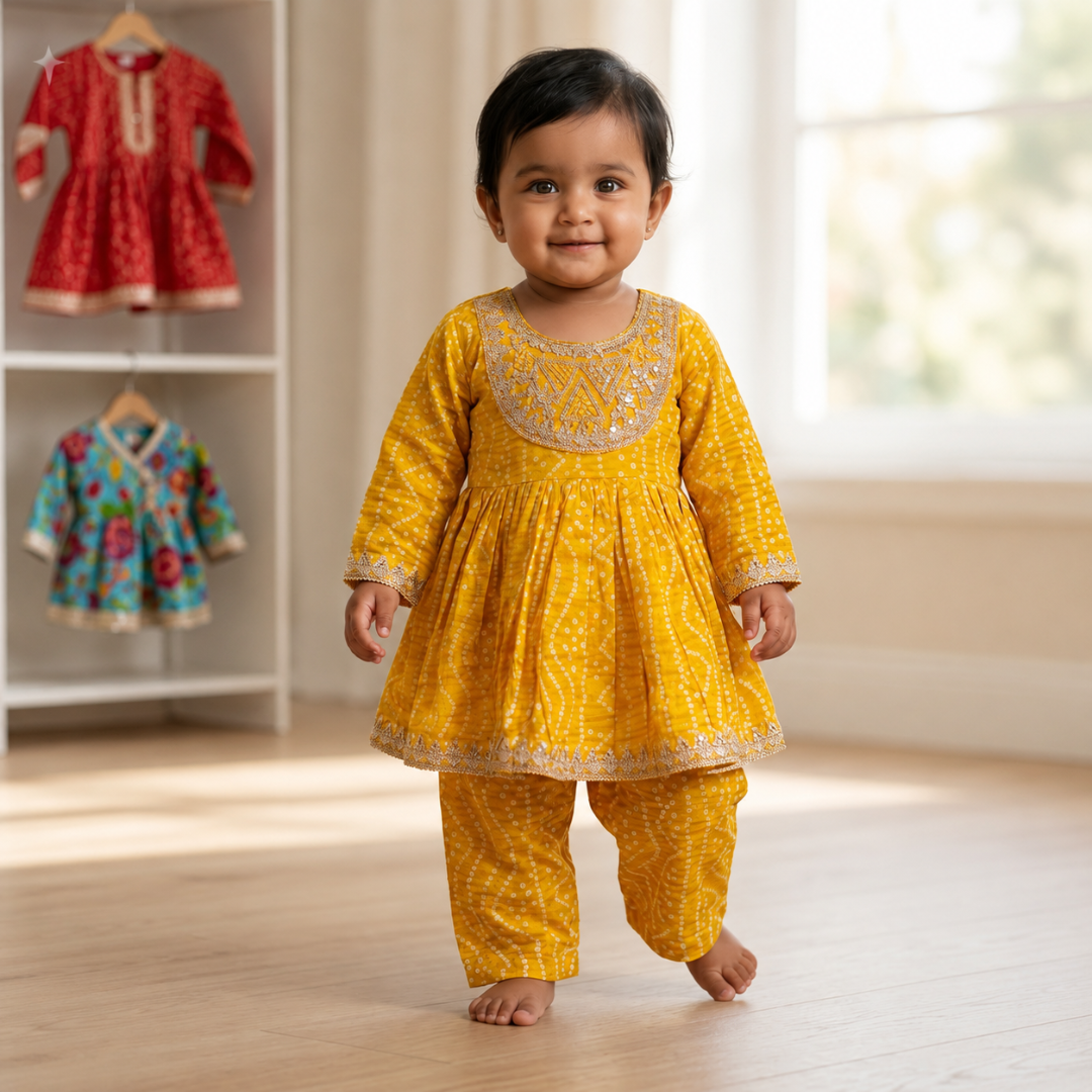 Kurta Set for Girls | Mustard | Bandhani