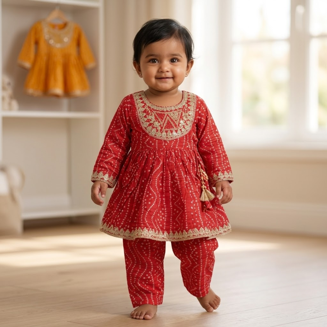 Kurta Set for Girls | Red| Bandhani