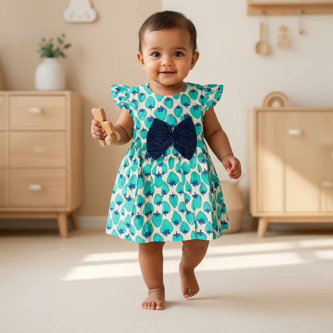 Cotton Printed Baby Girl Dress | Blue | Strawberry