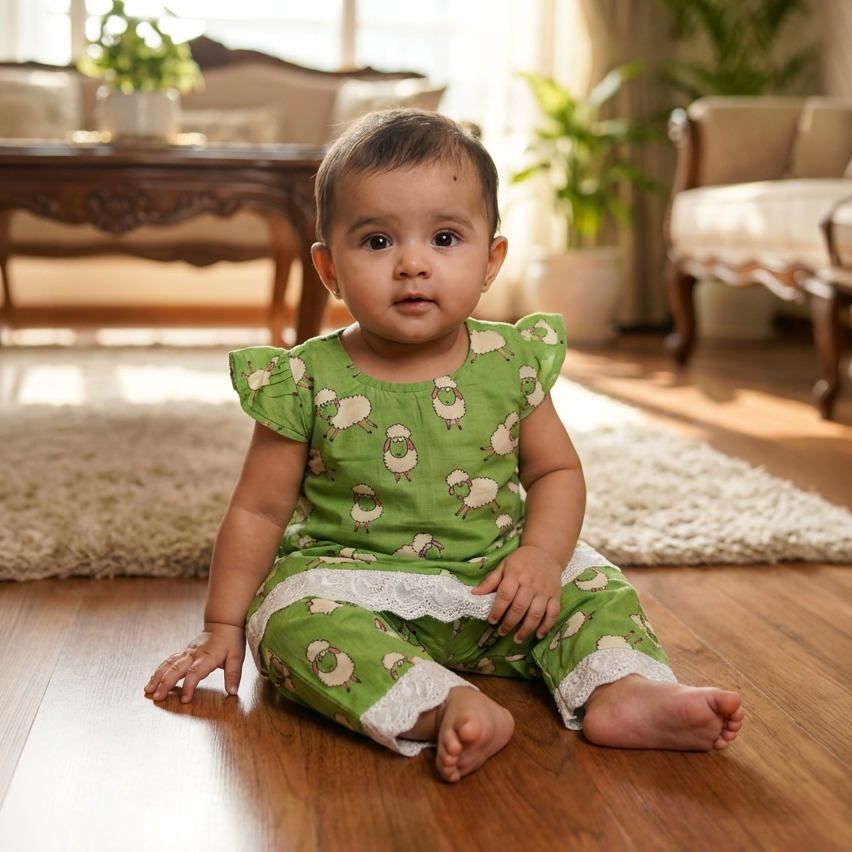 co ord set for Girls | Sheep | Green