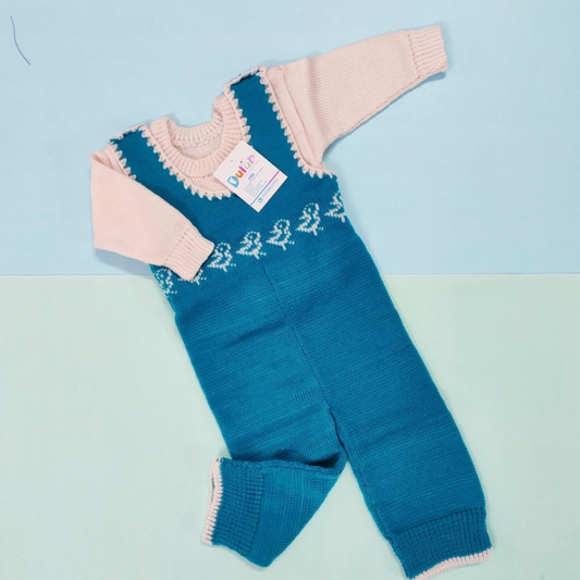 Woolen Romper - Peacock Blue with Bird