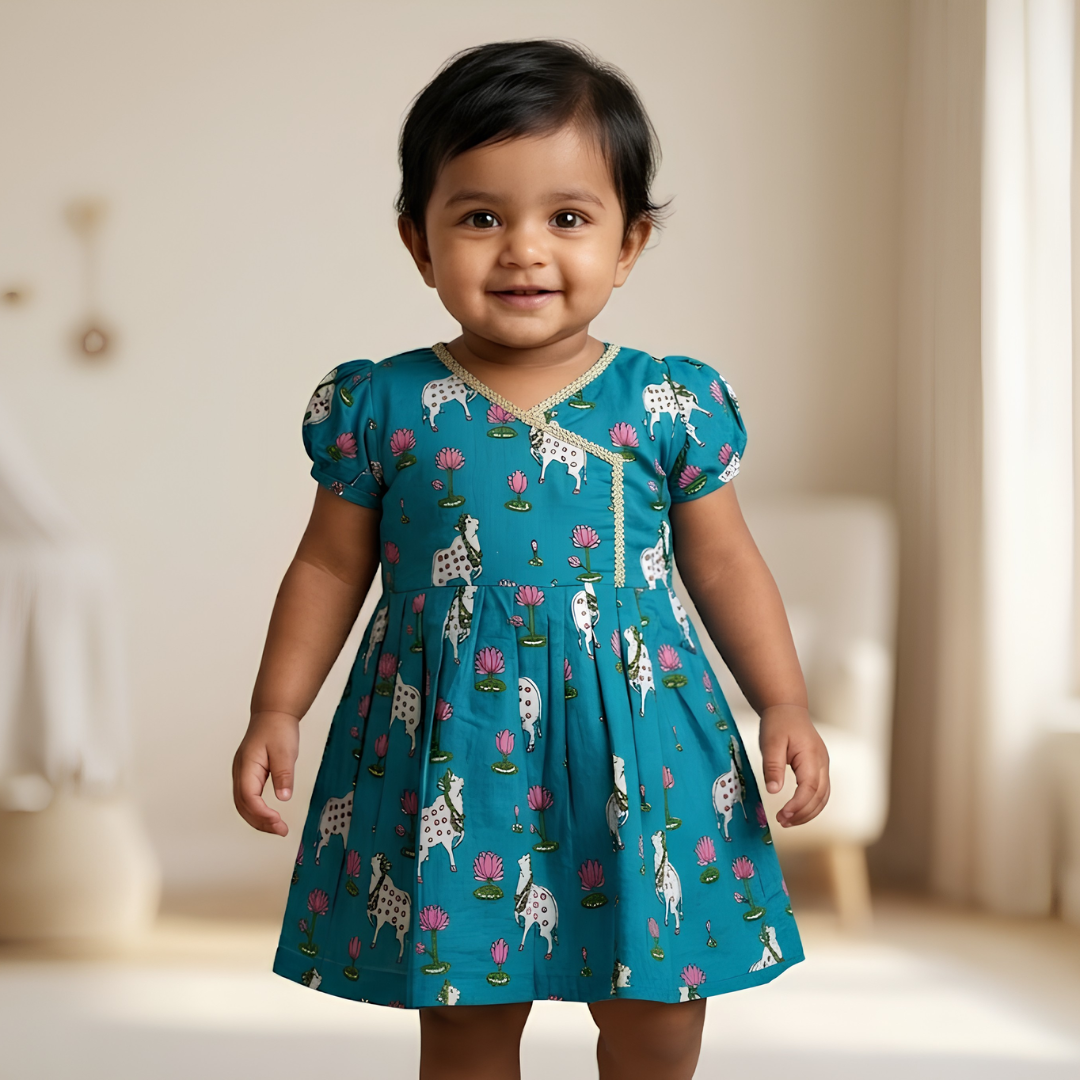 Cotton Printed Baby Girl Dress | Green | Pichwai