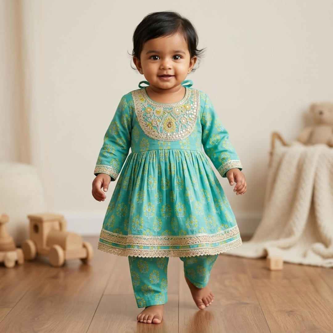 Kurta Set for Girls | Green | Floral