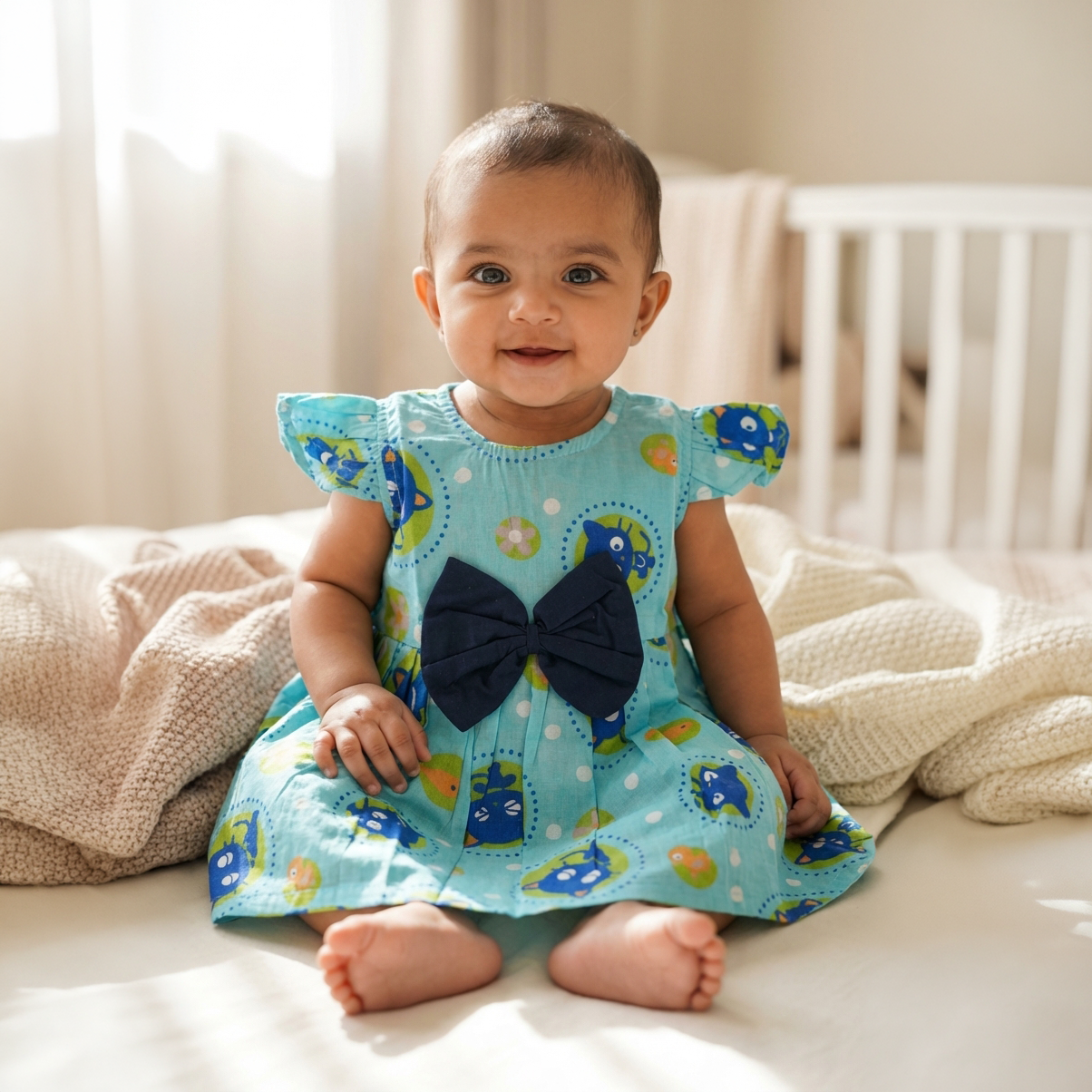Cotton Printed Baby Girl Dress | Blue | Cat