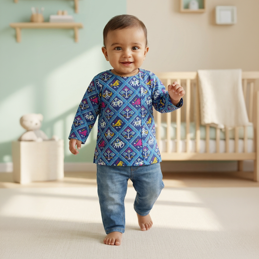 Cotton Short Kurta for Boys | Blue Patola