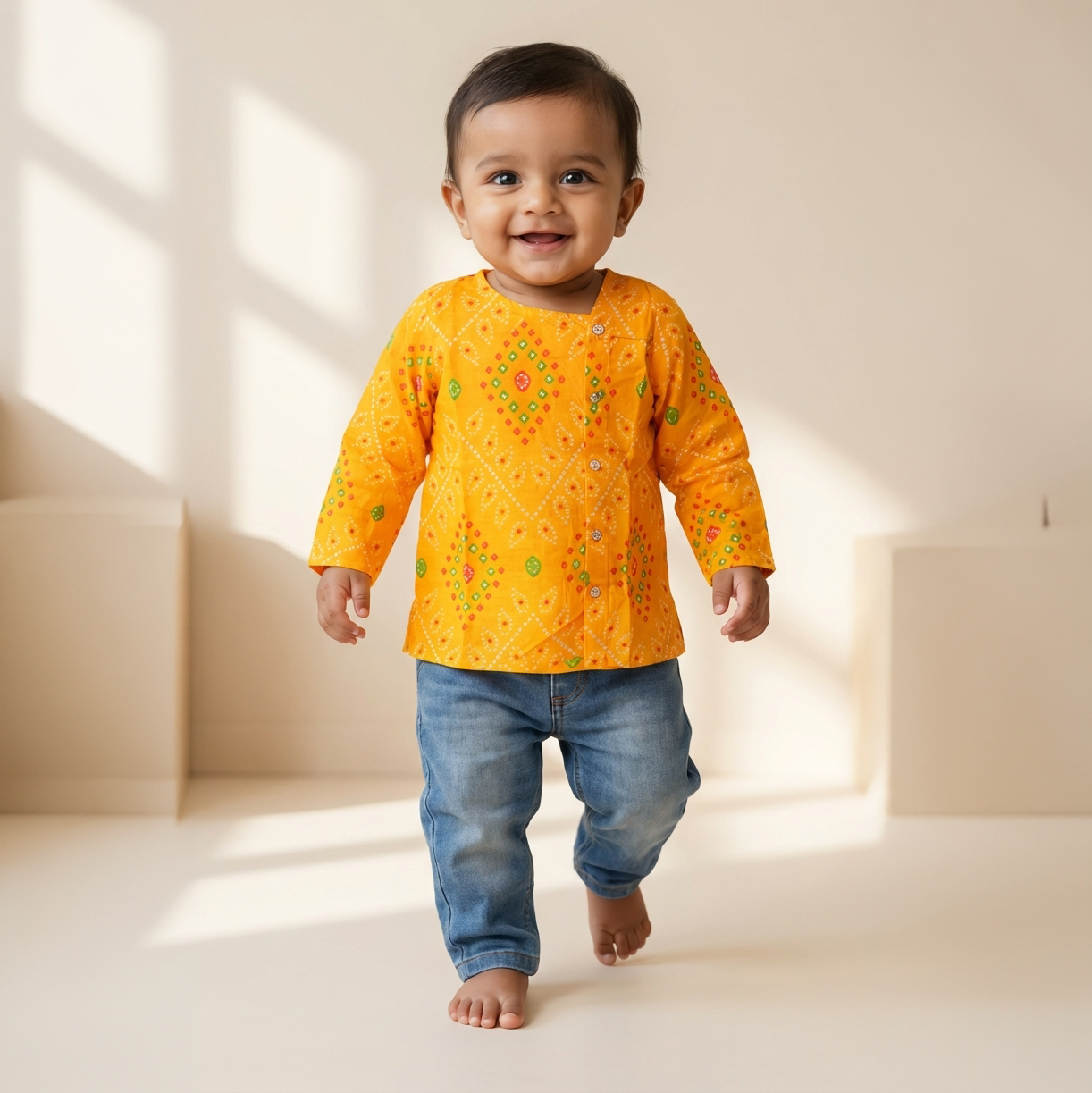 Cotton Short Kurta for Boys | Bandhani Yellow