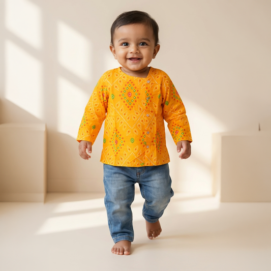 Cotton Short Kurta for Boys | Bandhani Yellow