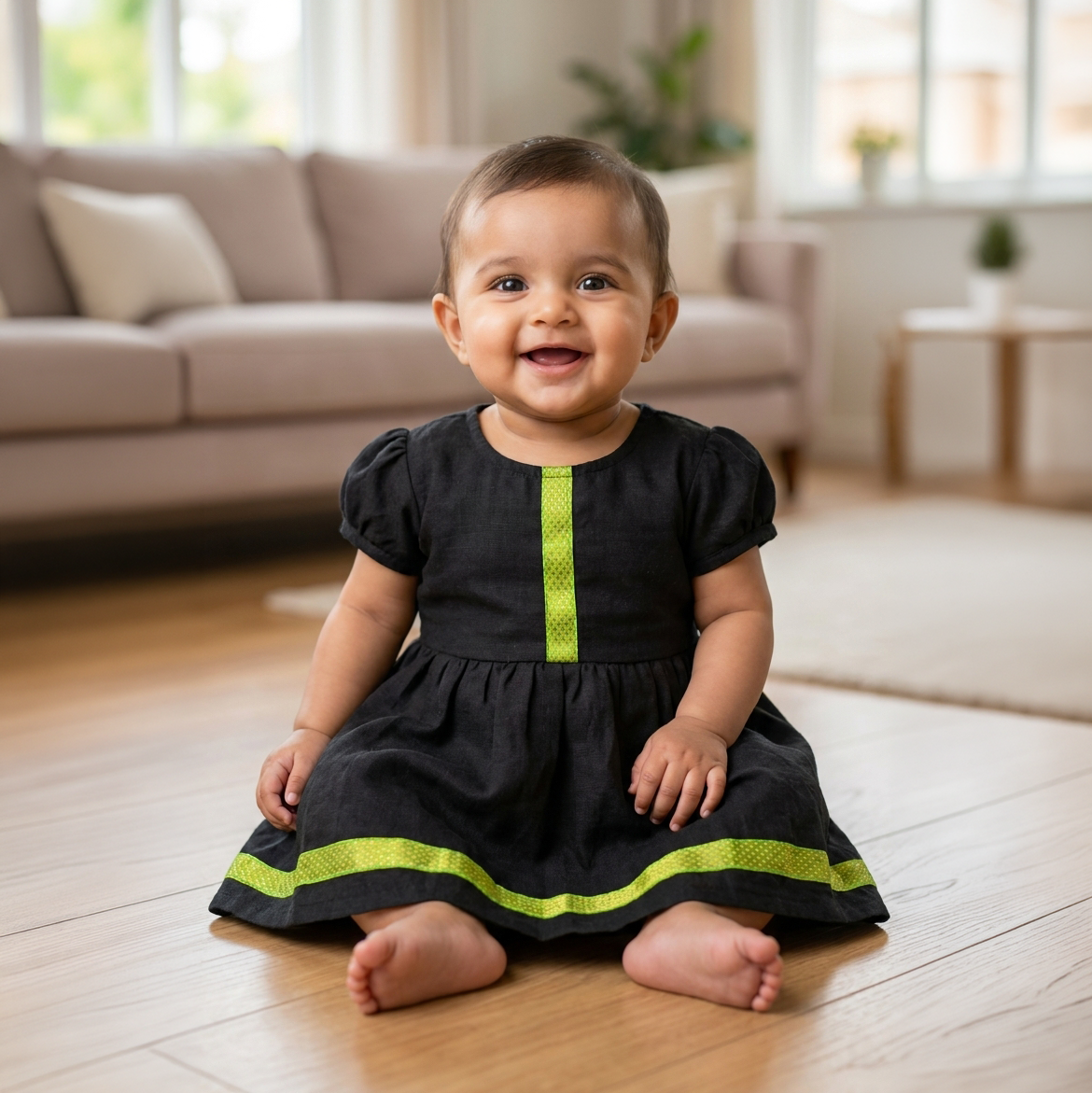 Cotton Baby Girl frock | Black | Green Lace