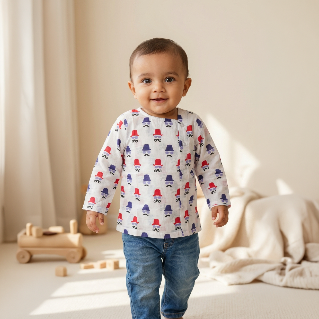 Cotton Short Kurta for Boys | Red & purple hat
