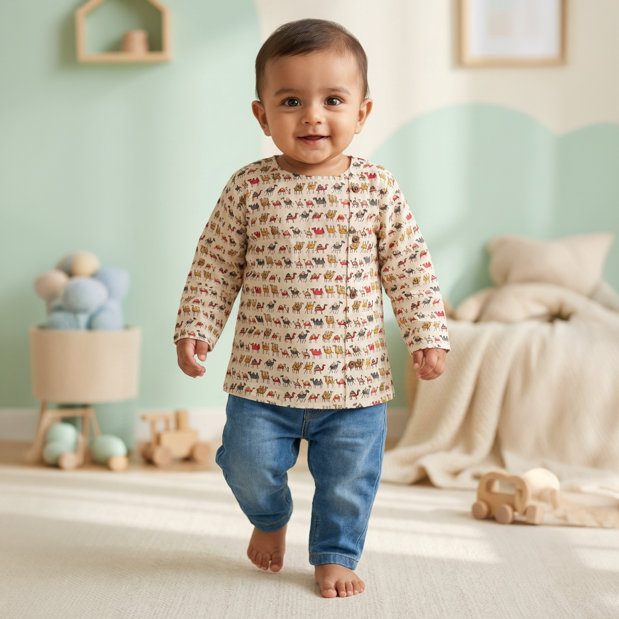 Cotton Short Kurta for Boys | Grey - Red Camel