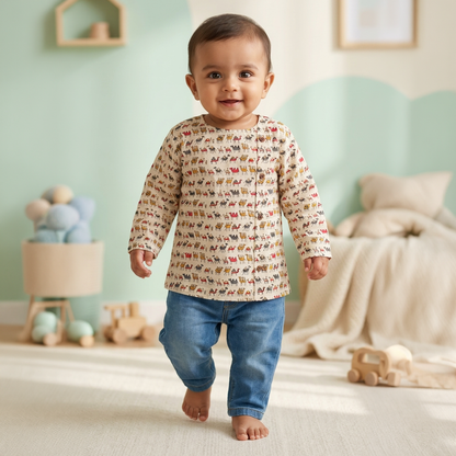 Cotton Short Kurta for Boys | Grey - Red Camel