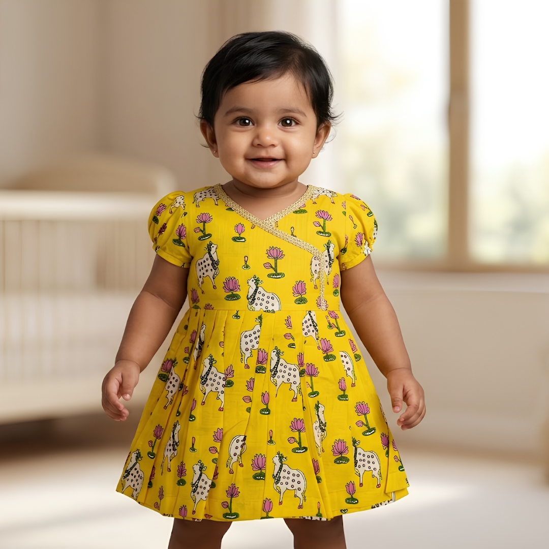 Cotton Printed Baby Girl Dress | Yellow | Pichwai