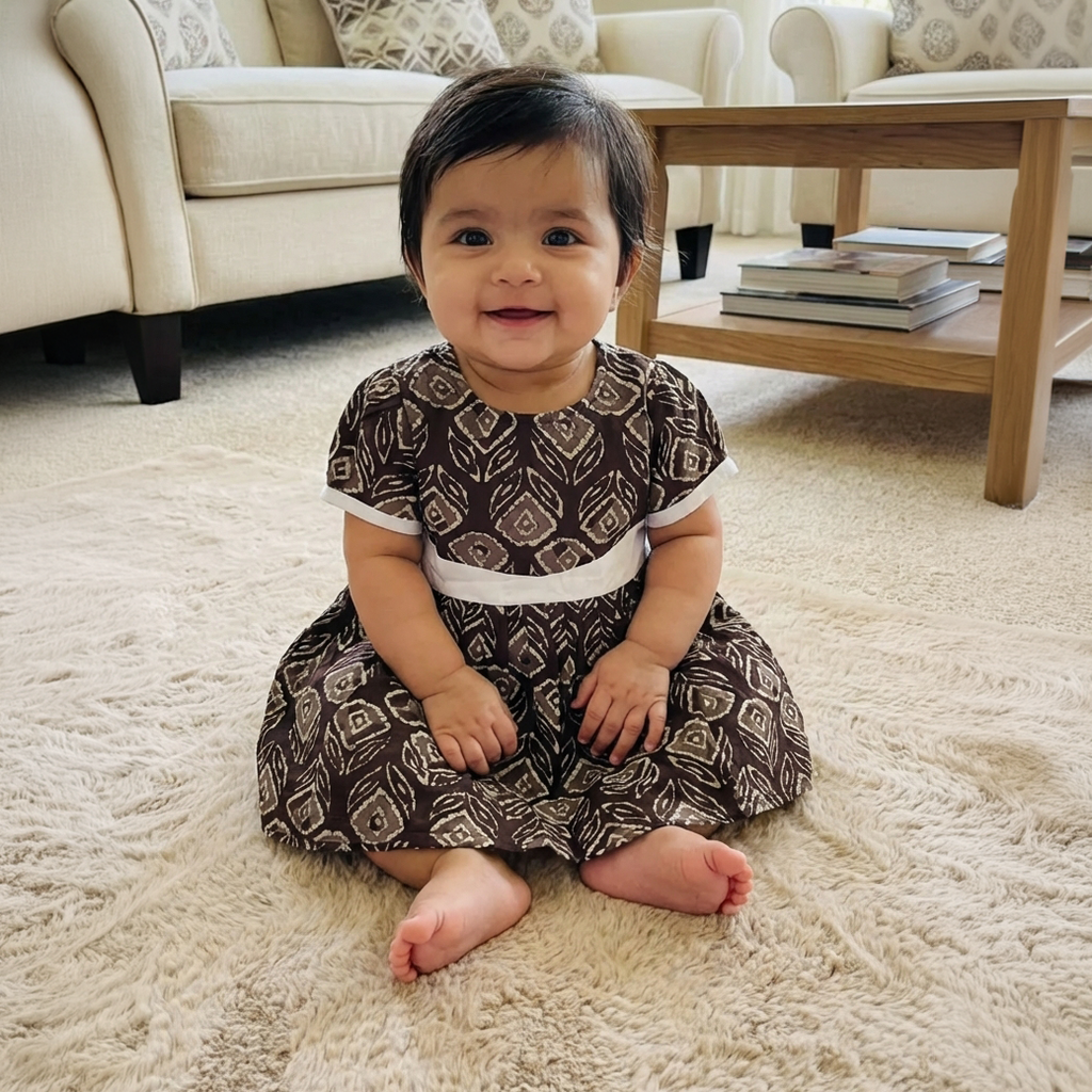 Cotton Printed Baby Girl Dress | Brown | Floral