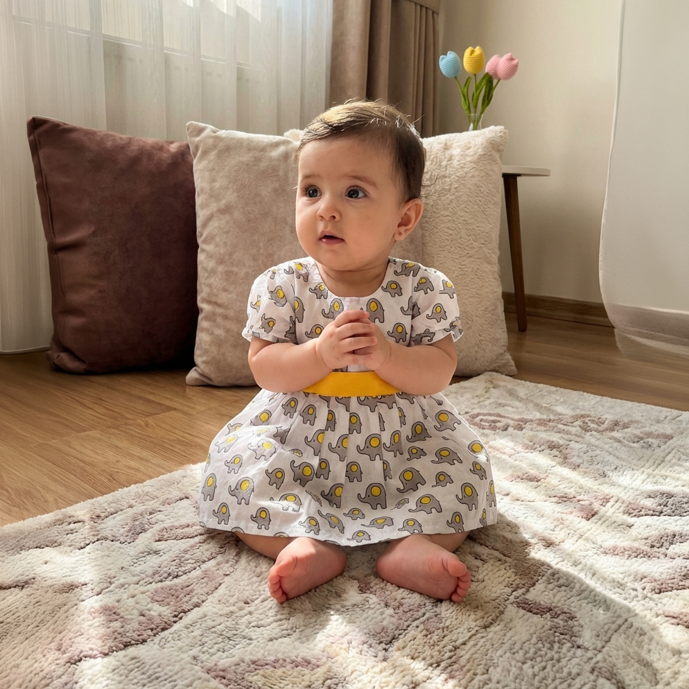 Cotton Printed Baby Girl Dress |Grey | Elephant
