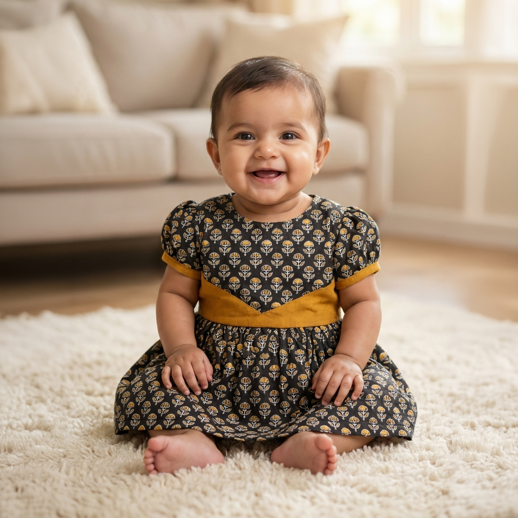 Cotton Floral Printed Baby Girl frock | Mustard