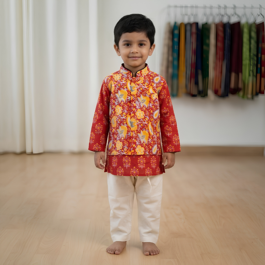 Kurta Pajama Set for Boys | Red Floral
