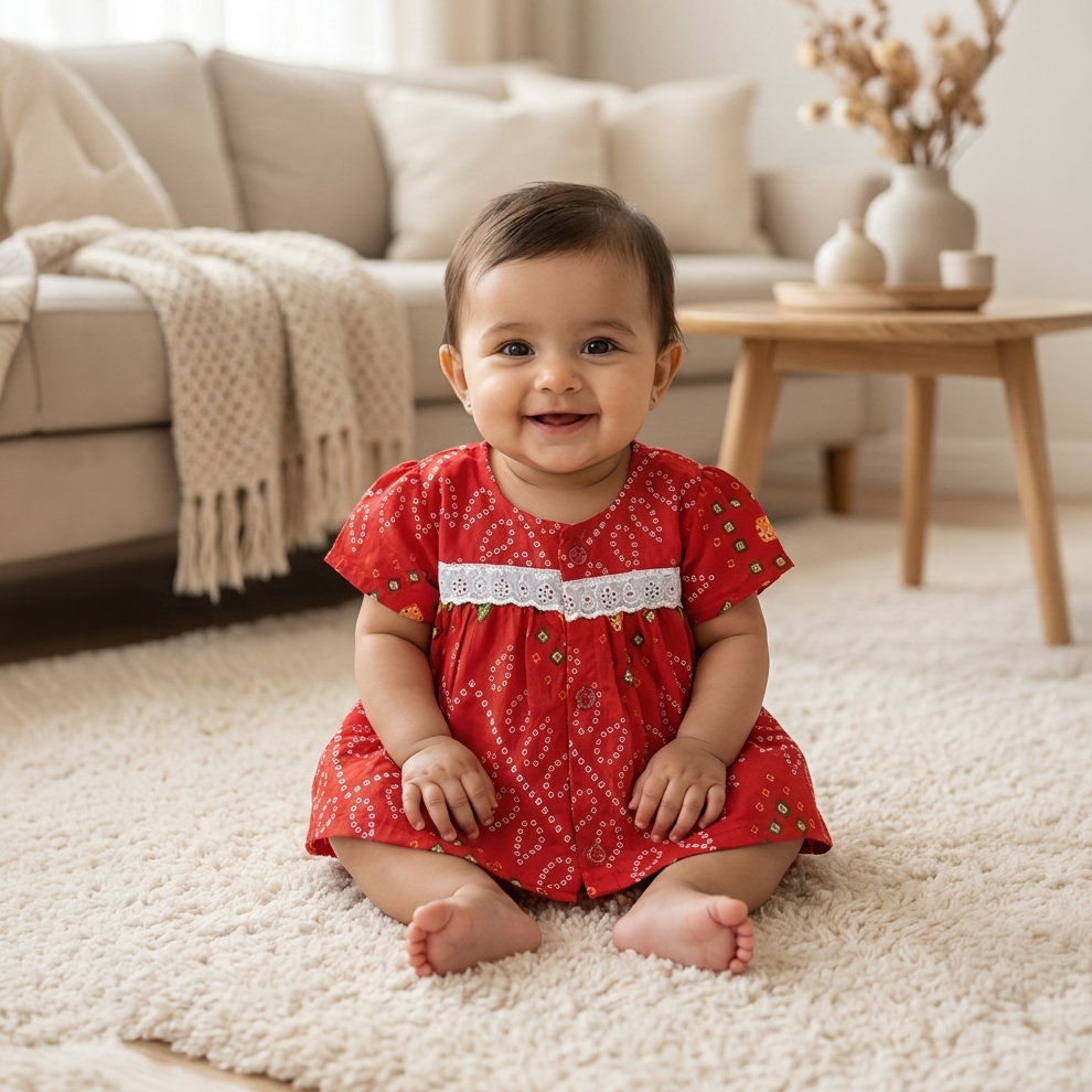 Baby Girl Jhabla | Red Bandhani