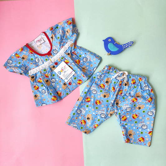 Frock Style Cotton Night Suit - Blue Lion