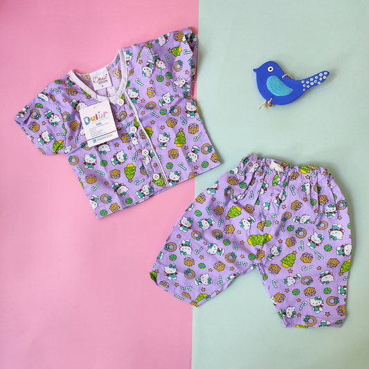 Cotton Night Suit - Violet Kitty