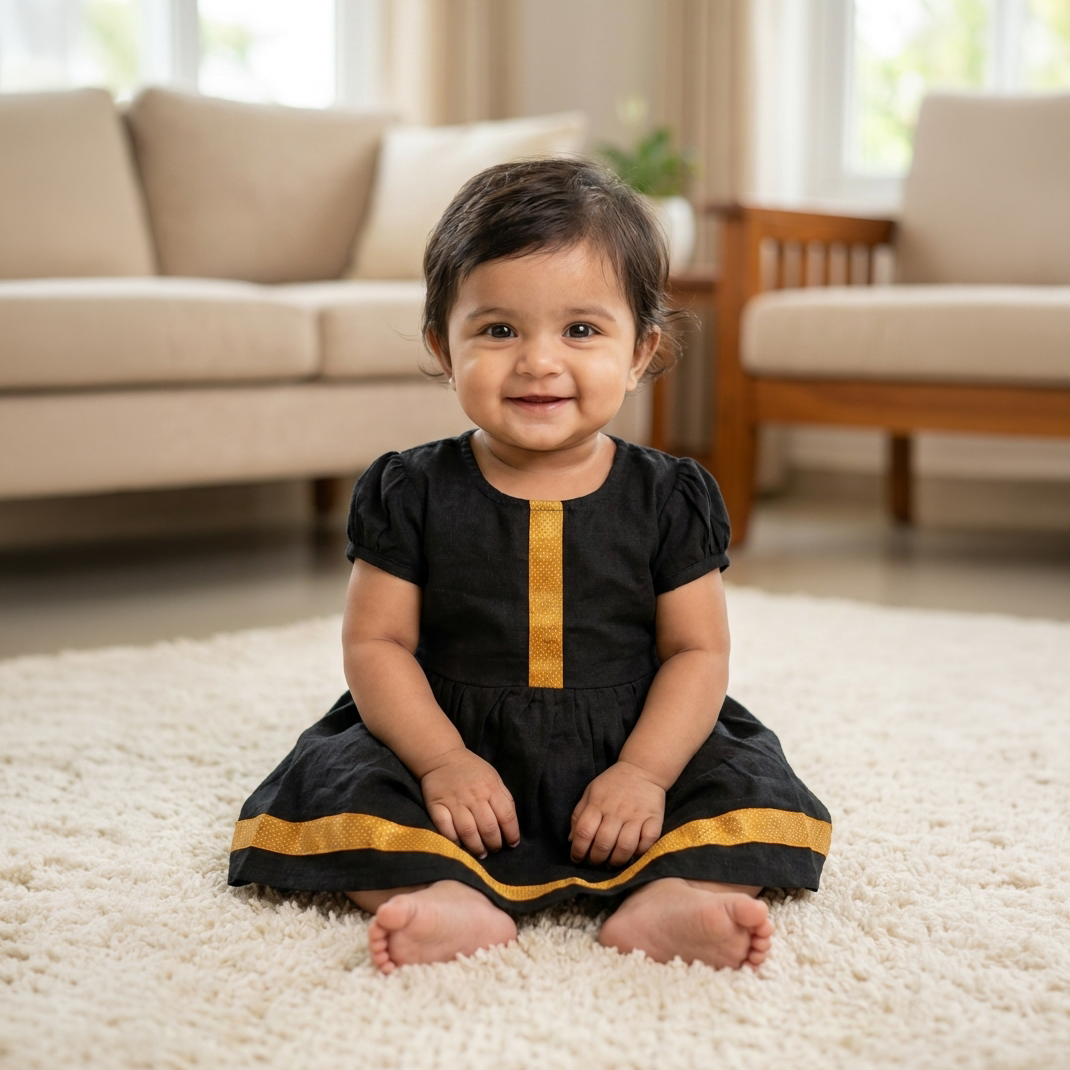 Cotton Baby Girl frock | Black | Yellow Lace