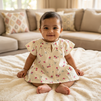Cotton Tie Knot Jhabla | Lemon yellow & pink Flower