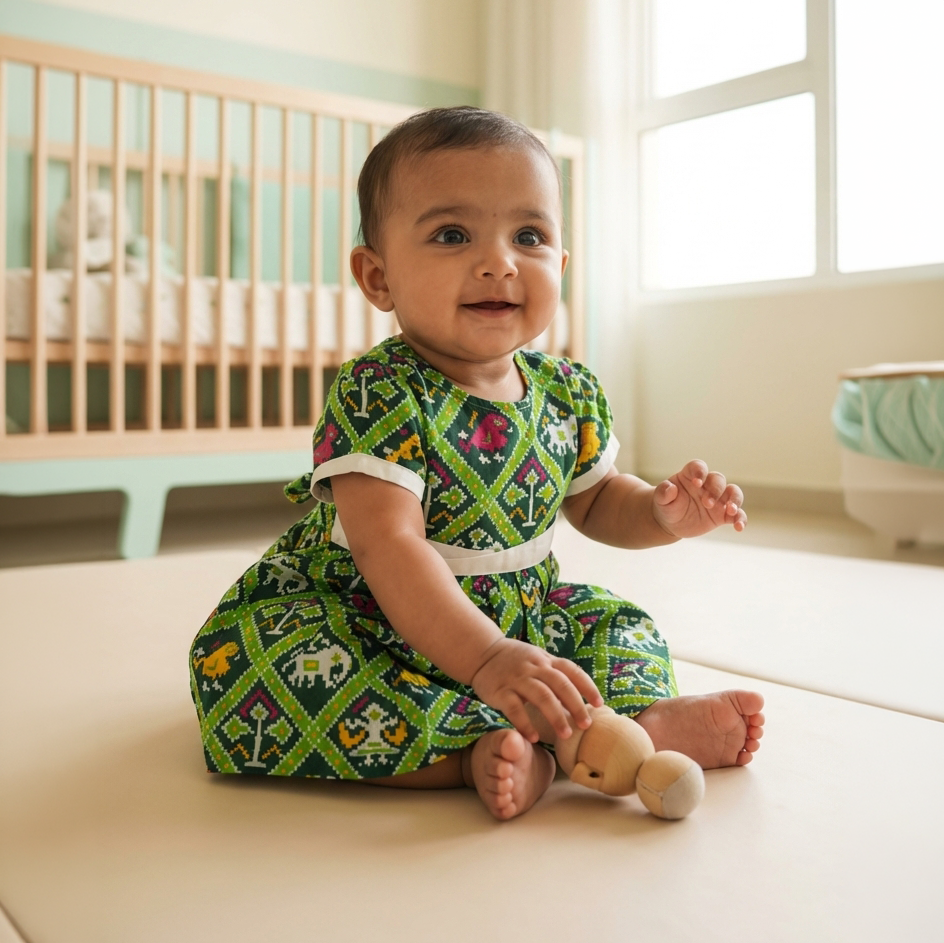 Cotton Printed Baby Girl Dress | Green | Patola