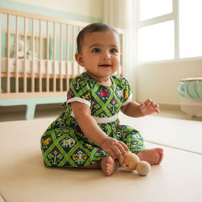 Cotton Printed Baby Girl Dress | Green | Patola