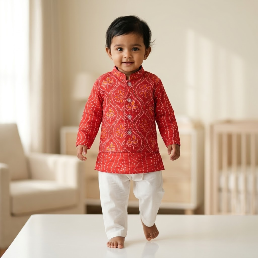 Kurta Pajama Set for Boys | Red Bandhani